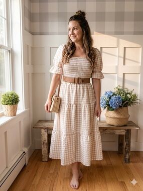 Beige Gingham Smocked Midi Dress with Puff Sleeves Small